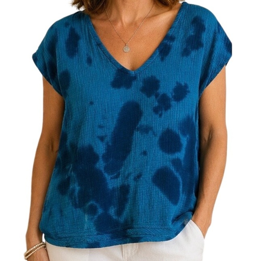 NEW Teal Blue Tie Dye Gauze V-Neck Top Size L 12-14 100% Cotton Boho Ltweight